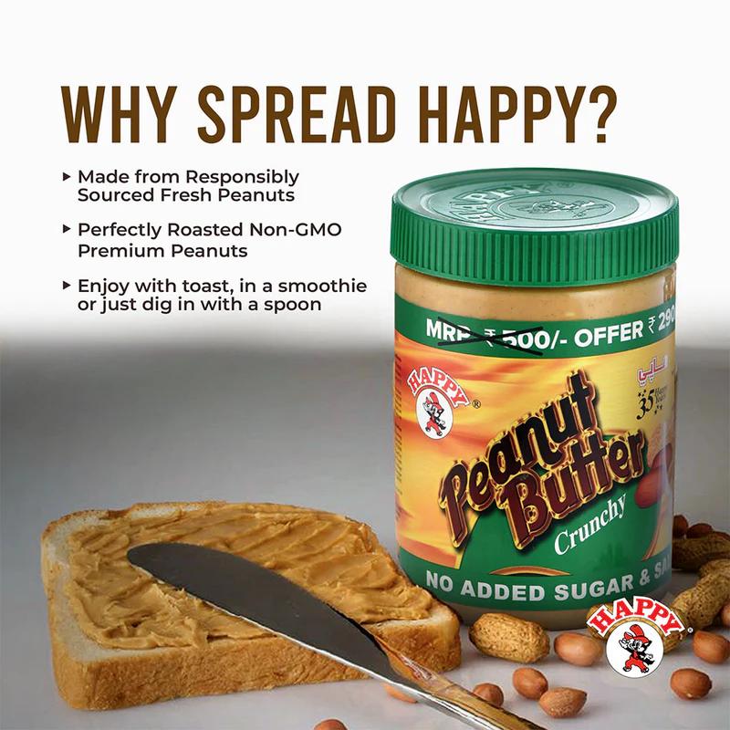 HAPPY PEANUT BUTTER | CRUNCHY NO SUGAR NO SALT | HIGH PROTEIN | 1 Kg